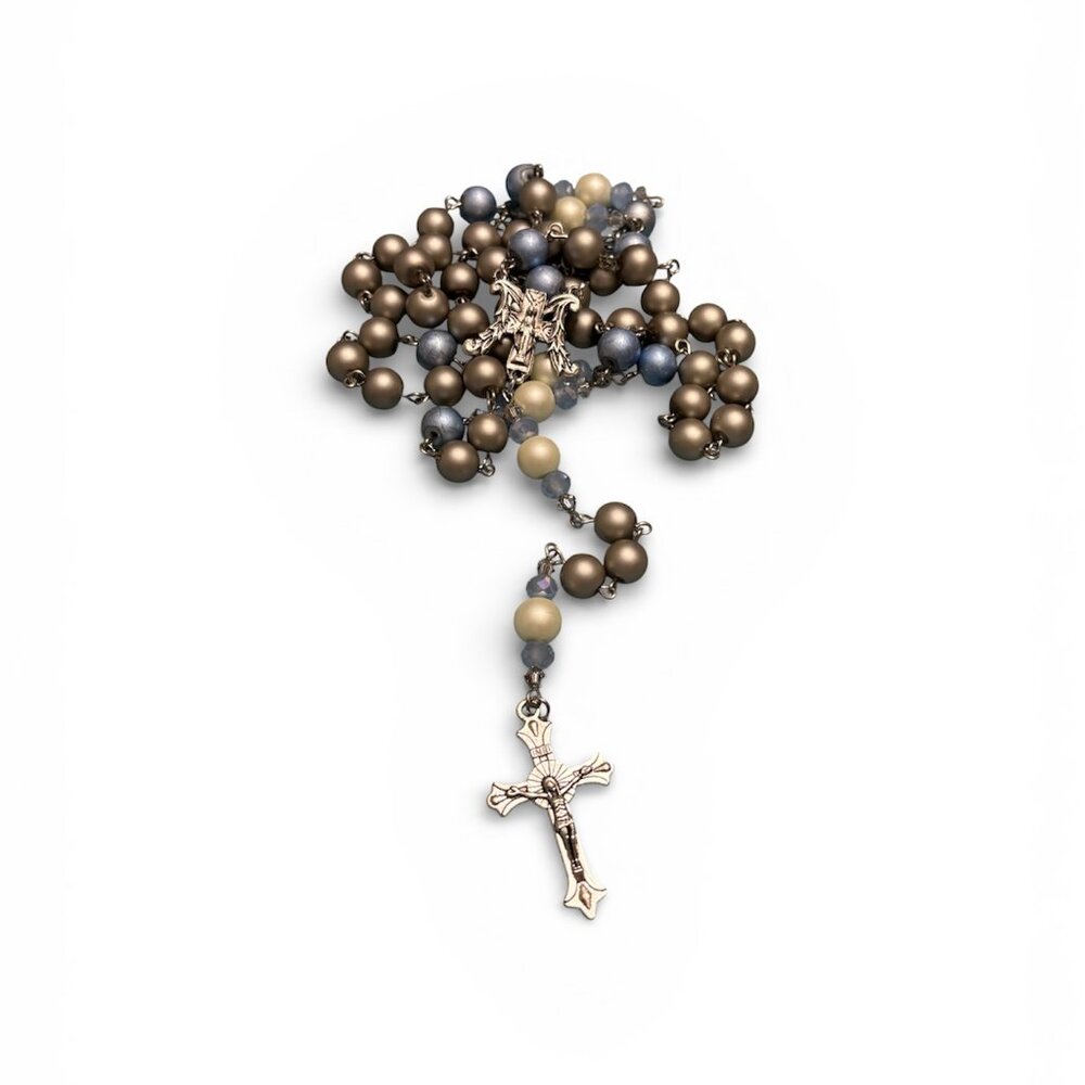 Handmade Frosted Silver and Blue Virgin Mary Catholic Rosary